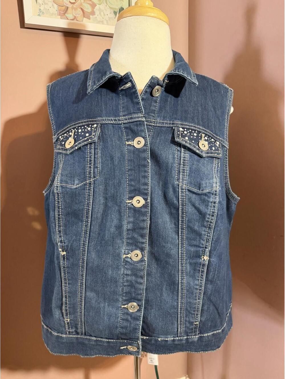 CJ Banks Denim Vest Womens X Blue Rhinestone Sleeveless Stretch Buttons Pockets